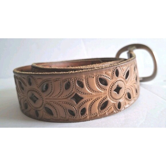 Fossil Tooled Leather Belt Tan Floral Laser Cut  Medium Western Boho Festival main image 4